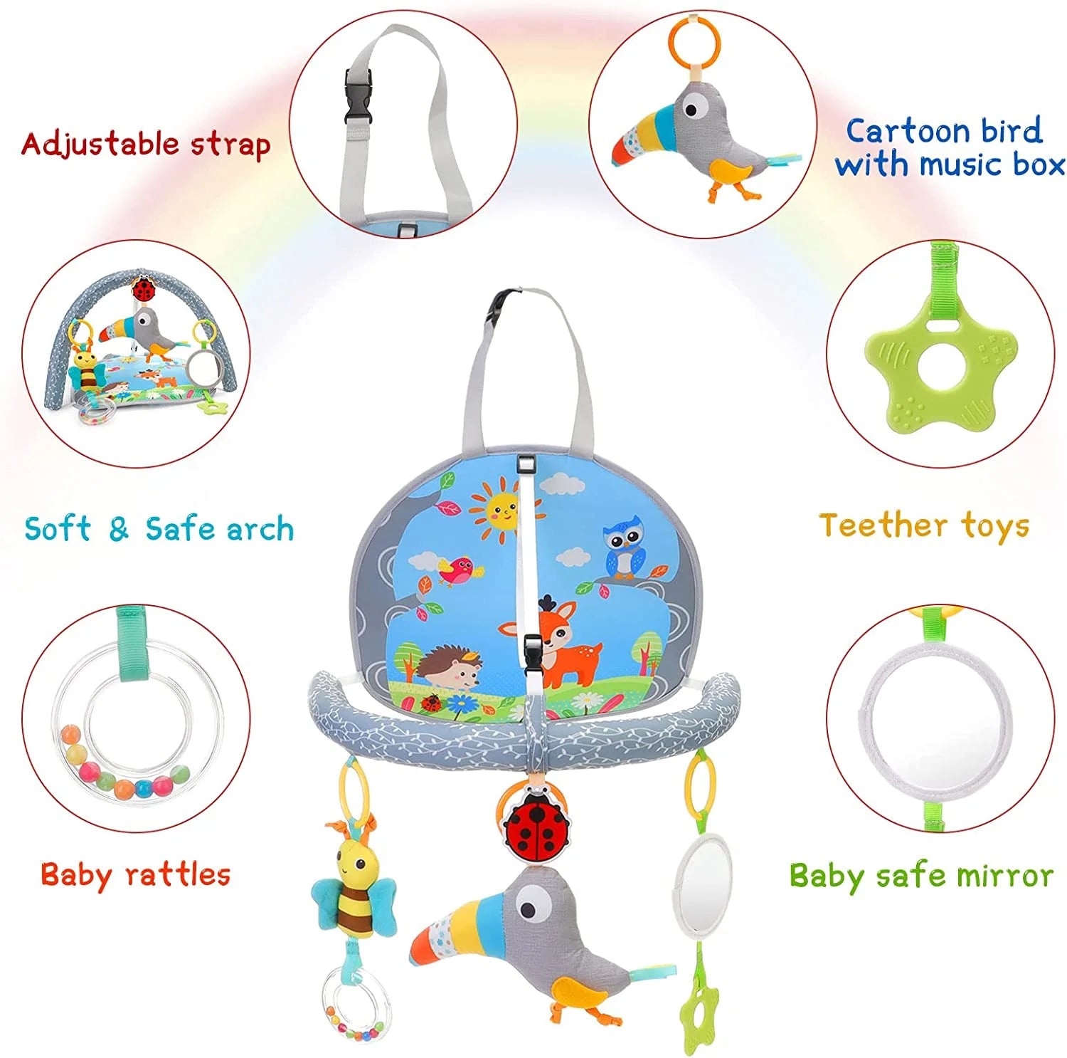 Infant Car Seat Toys for Babies 0-6 Months: Travel Baby Toy for Rear Car Seat, Adjustable Mobile Activity Arch with Music, Sensory Hanging Toy Fits Safety Car Seats, Crib, Stroller