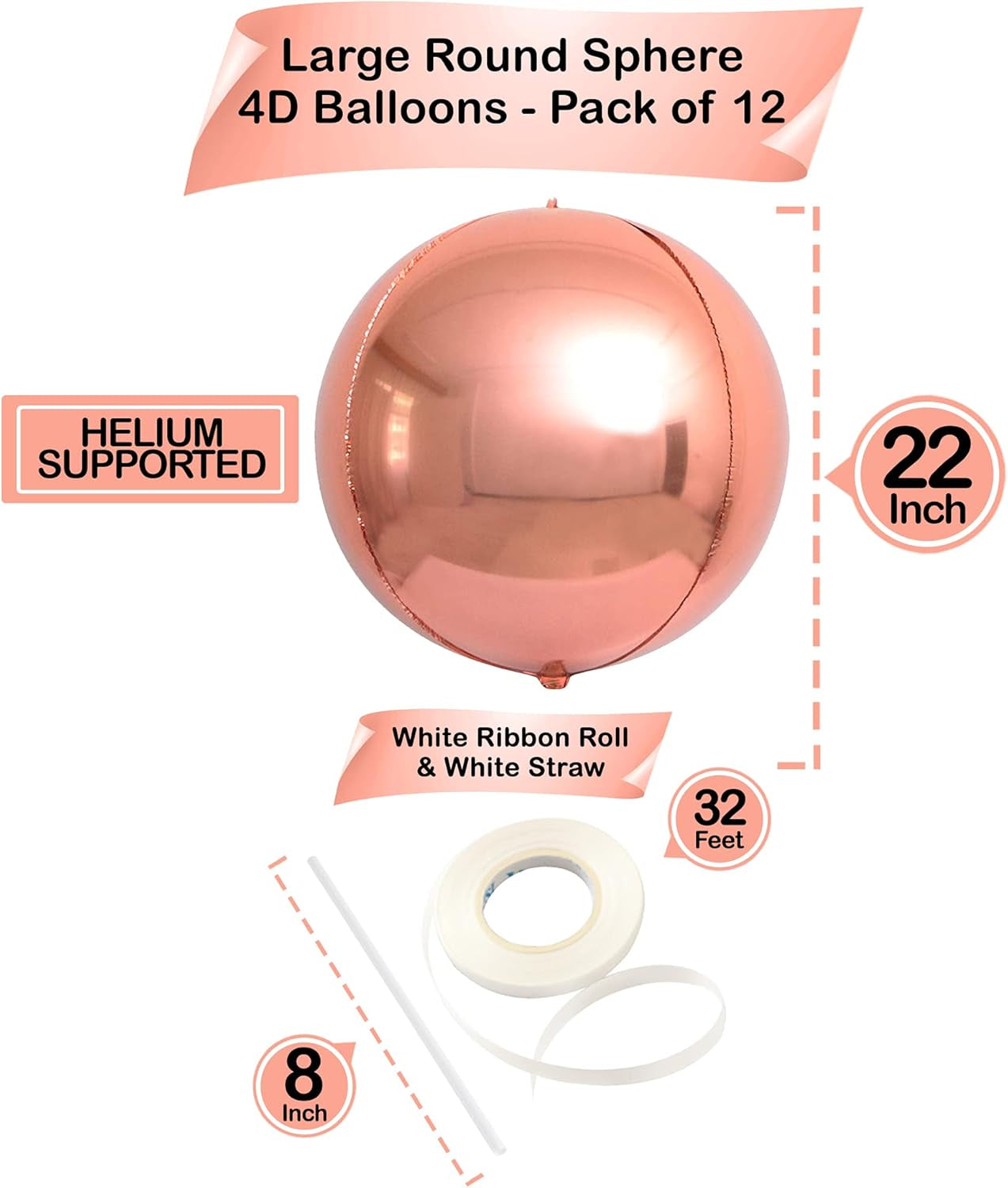 , Metallic Rose Gold Balloons - Big 22 Inch, Pack of 12 | Rose Gold Mylar Balloons, Rose Gold Balloon Garland | Rose Gold Foil Balloon, Rose Gold Party Decorations | Rose Gold Balloon Arch Kit