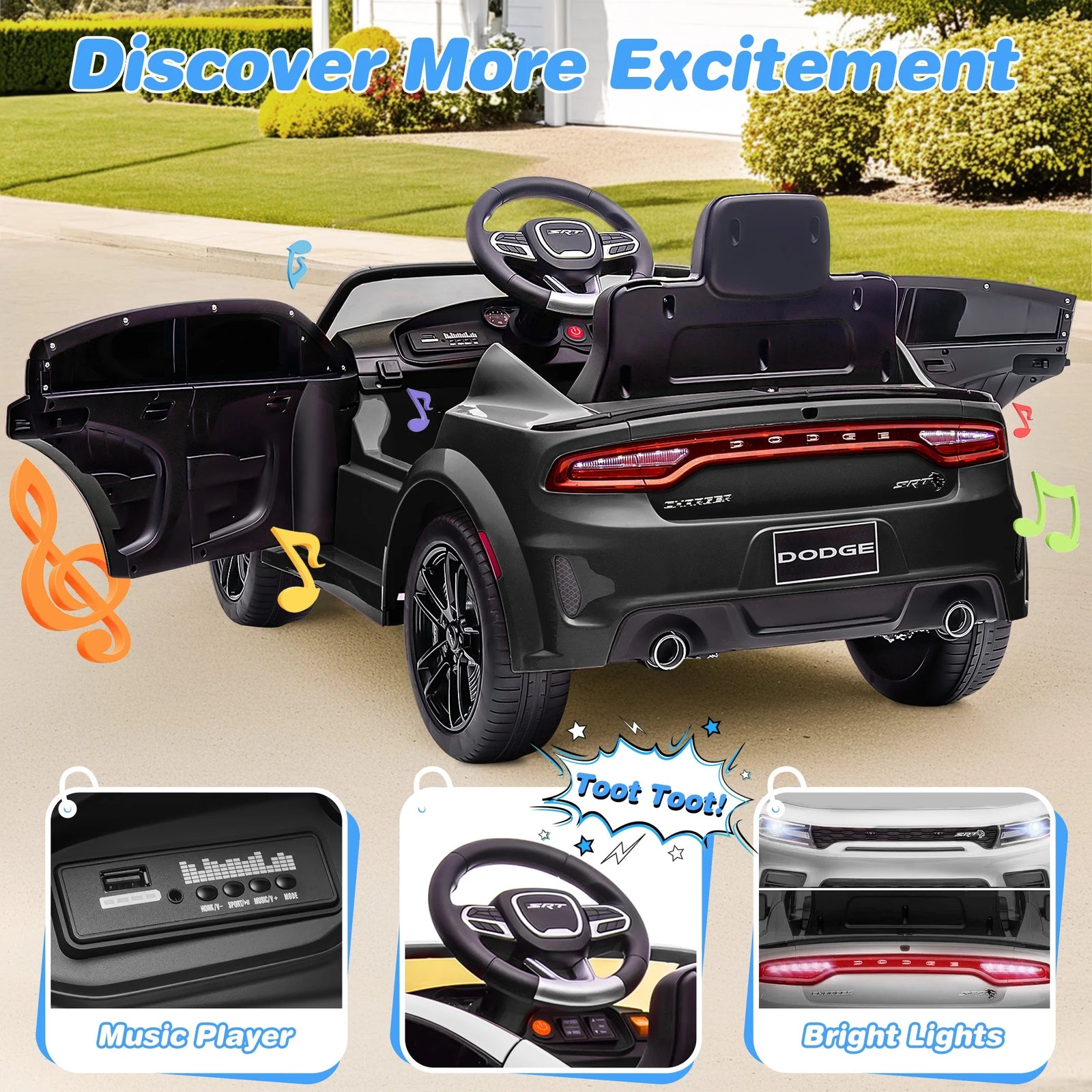 Dodge Electric Ride on Cars for Kids, 12 V Licensed Dodge Charger SRT Powered Ride on Toys Cars with Parent Remote Control, Electric Car for Girls 3-5 W/Music Player/Led Headlights/Safety Belt, Black