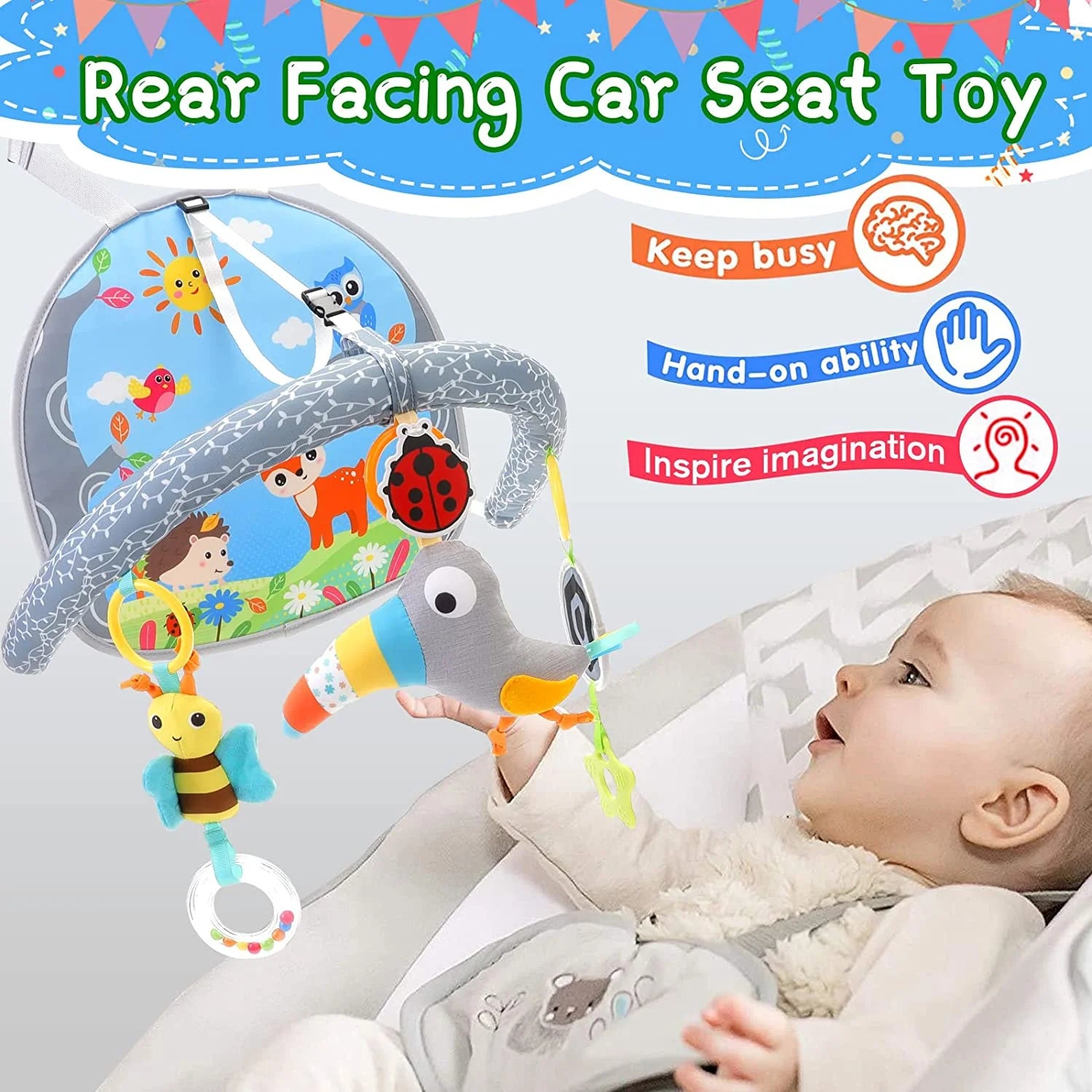 Infant Car Seat Toys for Babies 0-6 Months: Travel Baby Toy for Rear Car Seat, Adjustable Mobile Activity Arch with Music, Sensory Hanging Toy Fits Safety Car Seats, Crib, Stroller