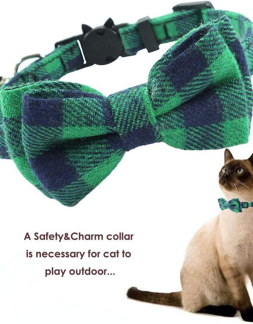 Load image into Gallery viewer, Cat Collar Breakaway with Bell and Bow Tie, Plaid Design Adjustable Safety Kitty Kitten Collars Set of 2 PCS (6.8-10.8In) (Green&amp;Orange Plaid)
