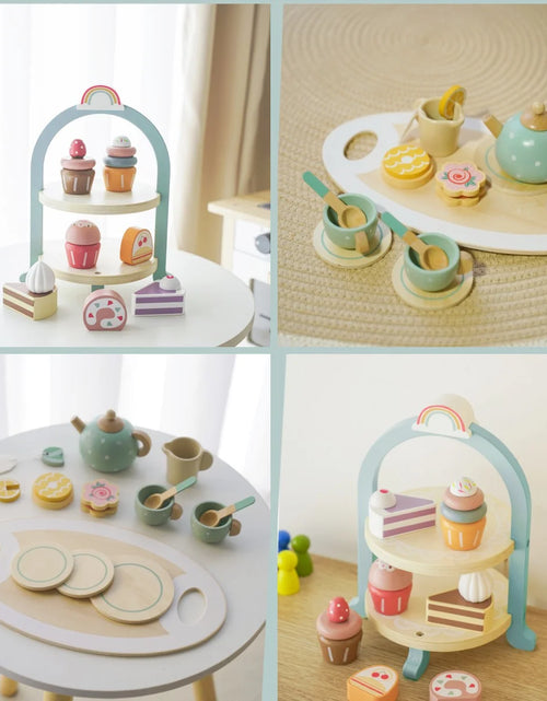 Load image into Gallery viewer, Tea Party Set for Little Girls, Wooden Tea Set with Cake Stand, Food Pretend Play Accessories Kids Kitchen Playset Wooden Toys for 2 3 4 5 6 Year Old Girl Birthday Gift
