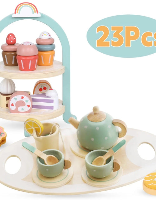 Load image into Gallery viewer, Tea Party Set for Little Girls, Wooden Tea Set with Cake Stand, Food Pretend Play Accessories Kids Kitchen Playset Wooden Toys for 2 3 4 5 6 Year Old Girl Birthday Gift
