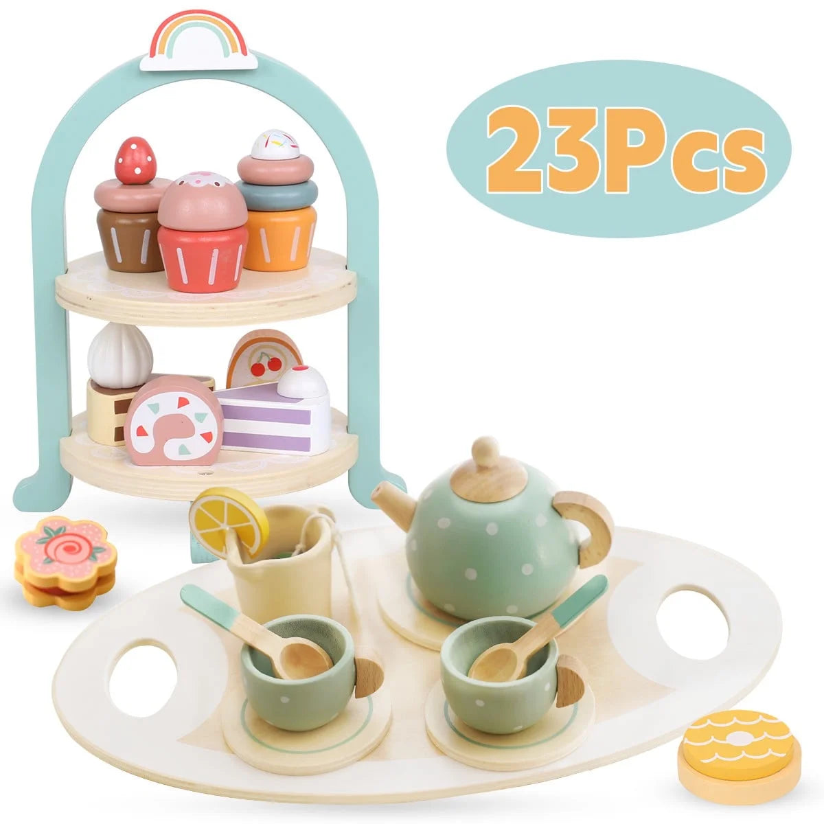 Tea Party Set for Little Girls, Wooden Tea Set with Cake Stand, Food Pretend Play Accessories Kids Kitchen Playset Wooden Toys for 2 3 4 5 6 Year Old Girl Birthday Gift