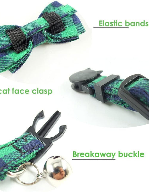 Load image into Gallery viewer, Cat Collar Breakaway with Bell and Bow Tie, Plaid Design Adjustable Safety Kitty Kitten Collars Set of 2 PCS (6.8-10.8In) (Green&amp;Orange Plaid)
