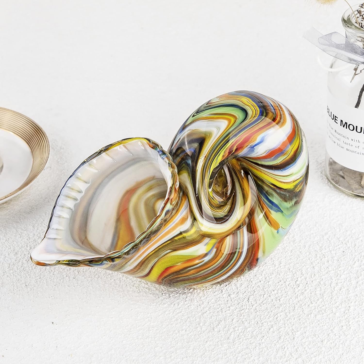 Glass Nautilus Conch, Hand Blown Seashell Art Glass Figurines, Multicolor Glass Sculpture Beautiful Glass Home Decor, Crystal Glass Paperweight