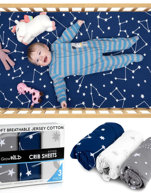 Load image into Gallery viewer, Crib Sheets for Boys or Girls | 3 Pack Soft Stretchy Jersey Cotton Fitted Crib Sheet Neutral | Grey White Navy Blue Baby Crib Sheets for Girl, Crib Mattress Sheet or Toddler Bed Sheets
