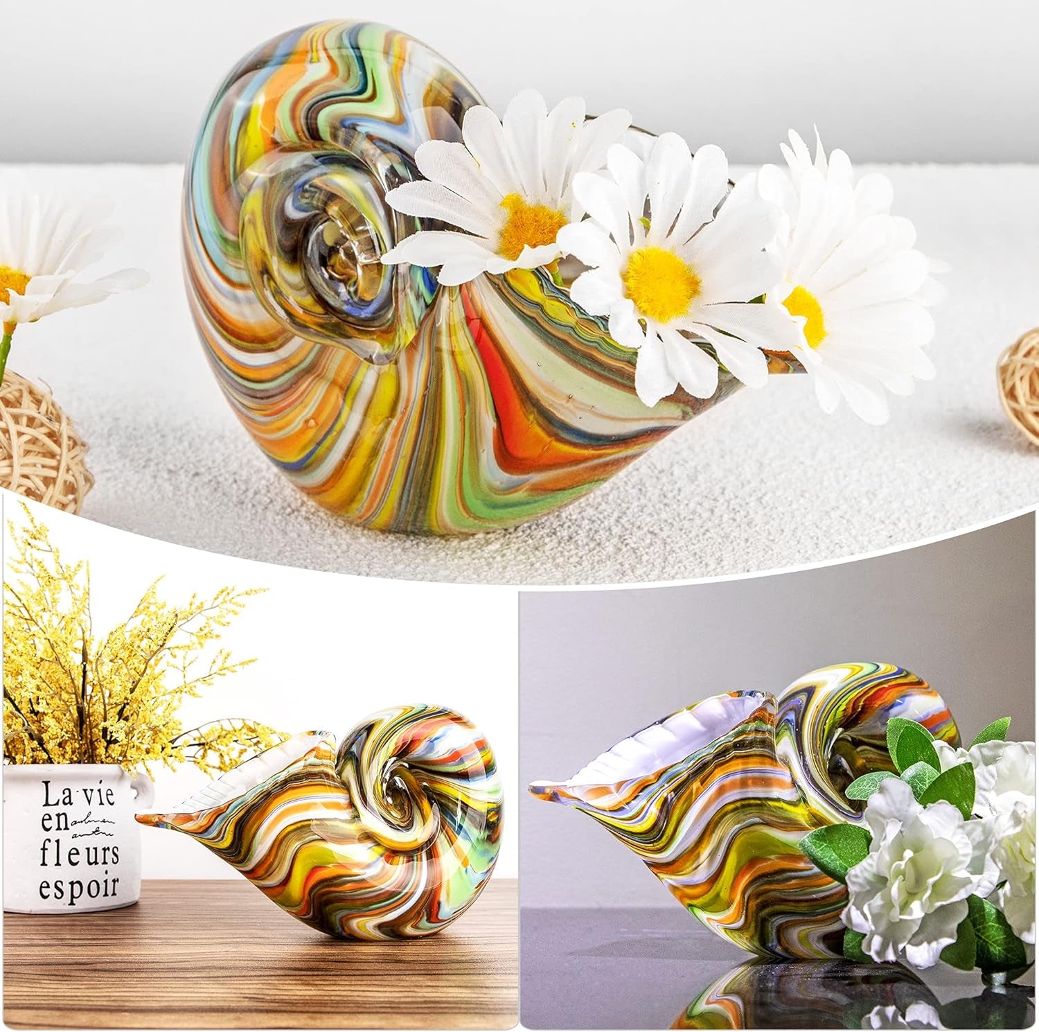 Glass Nautilus Conch, Hand Blown Seashell Art Glass Figurines, Multicolor Glass Sculpture Beautiful Glass Home Decor, Crystal Glass Paperweight