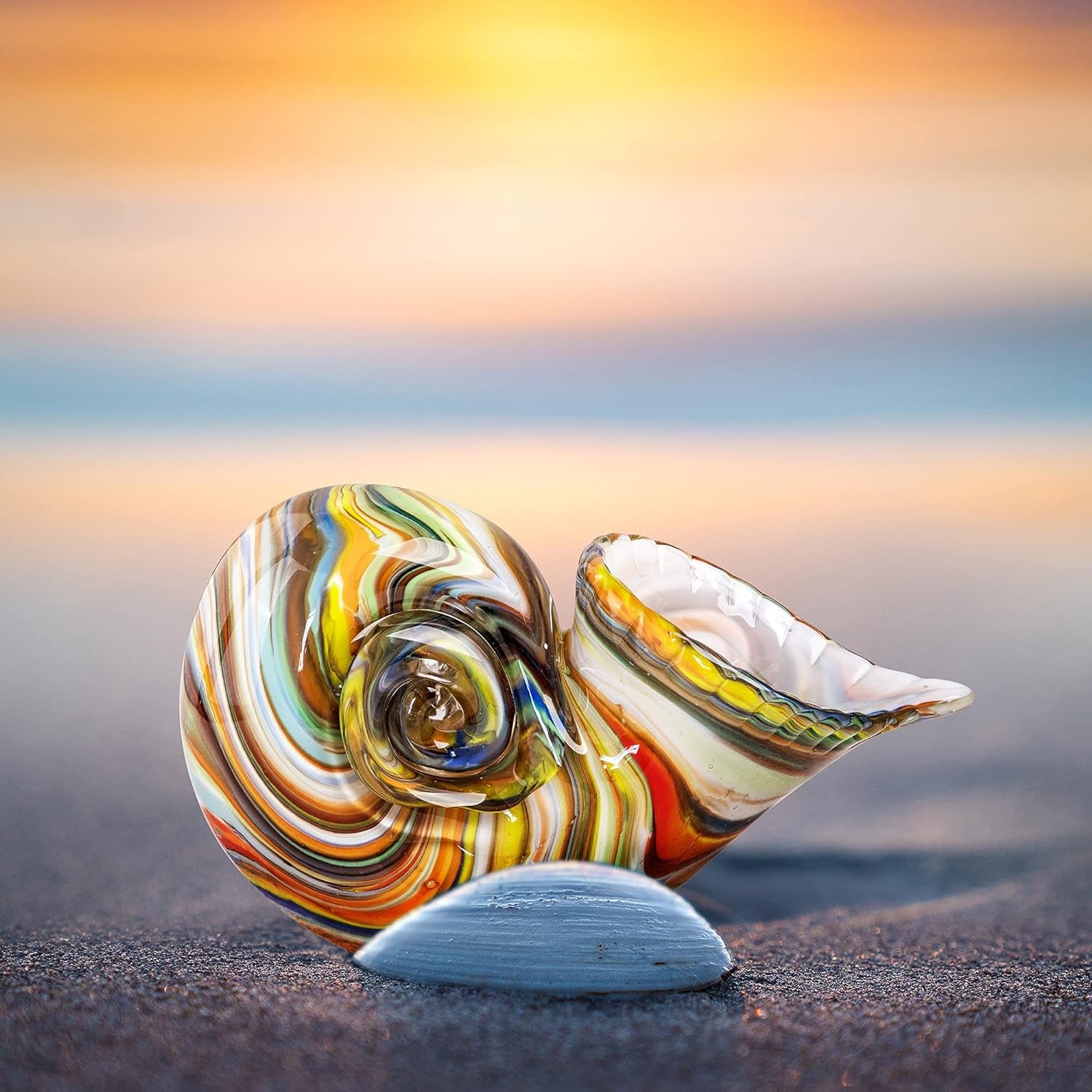 Glass Nautilus Conch, Hand Blown Seashell Art Glass Figurines, Multicolor Glass Sculpture Beautiful Glass Home Decor, Crystal Glass Paperweight