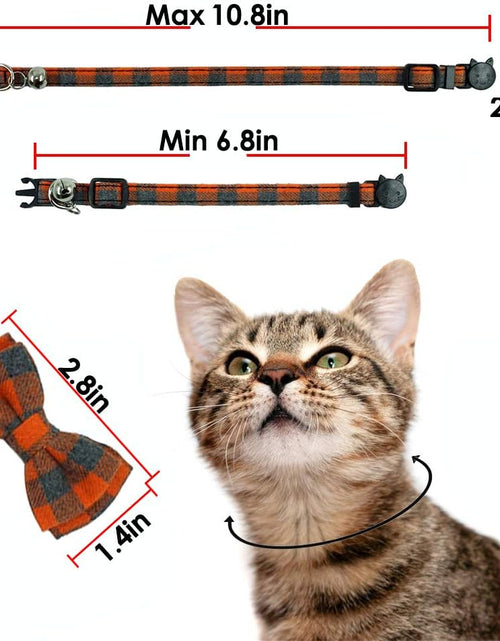 Load image into Gallery viewer, Cat Collar Breakaway with Bell and Bow Tie, Plaid Design Adjustable Safety Kitty Kitten Collars Set of 2 PCS (6.8-10.8In) (Green&amp;Orange Plaid)
