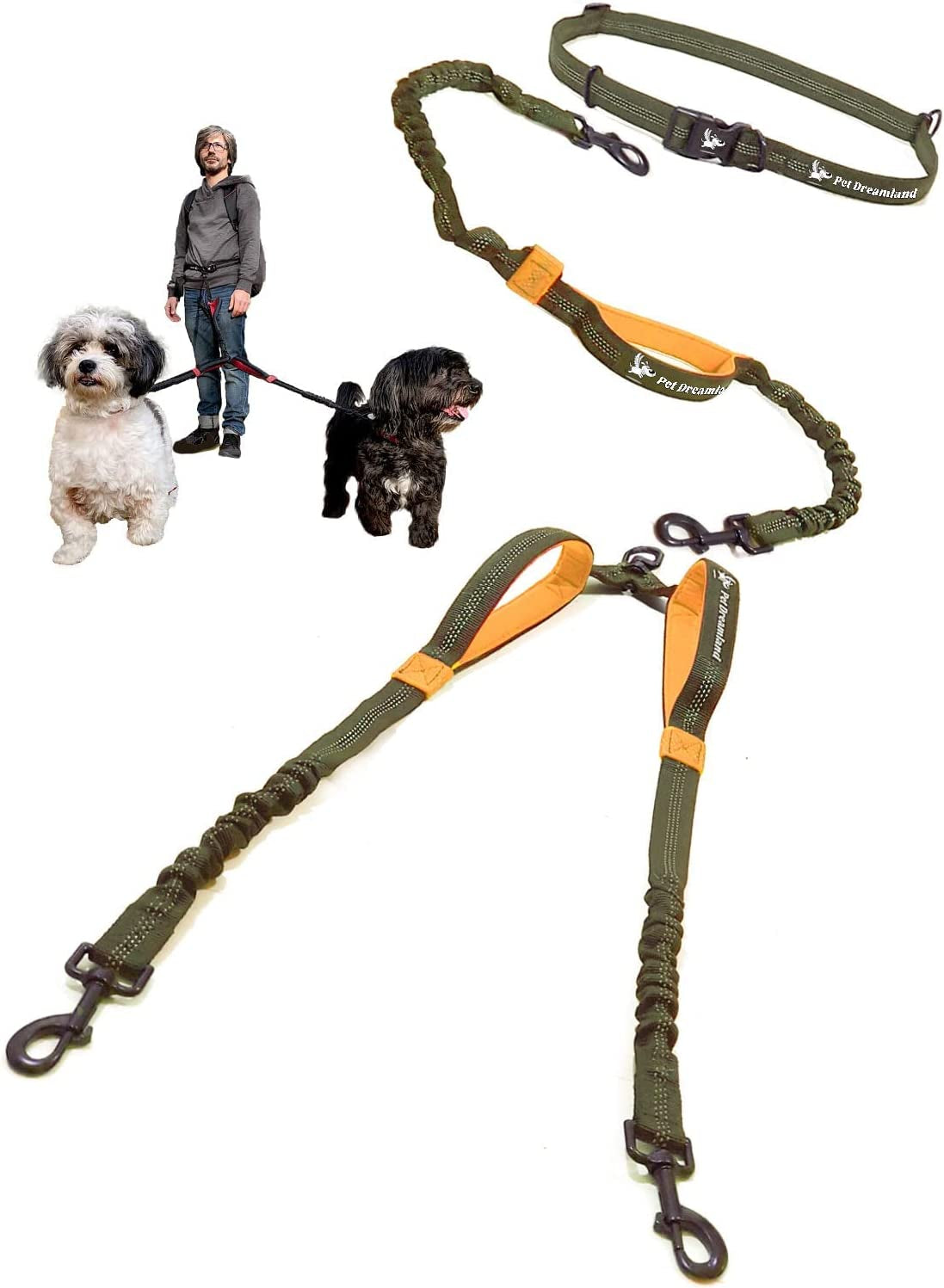 Hands Free Double Dog Leash - No Tangle Dog Leashes for Large Dogs - Heavy Duty Waist Coupler Bungee Lead by