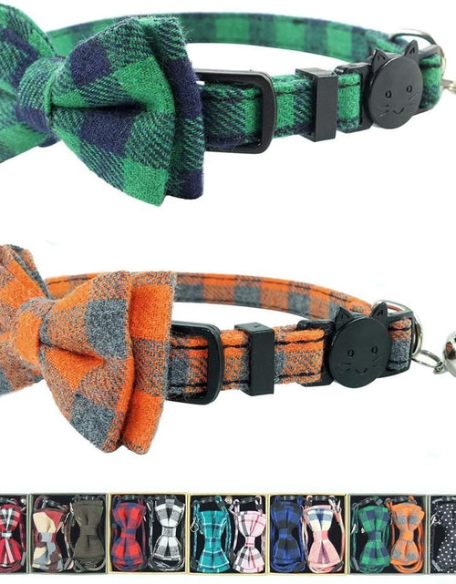 Load image into Gallery viewer, Cat Collar Breakaway with Bell and Bow Tie, Plaid Design Adjustable Safety Kitty Kitten Collars Set of 2 PCS (6.8-10.8In) (Green&amp;Orange Plaid)
