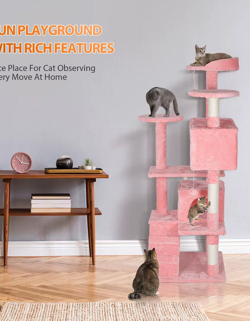 Load image into Gallery viewer, 55&#39;&#39; Kitty Cat Tree Pink Cat Condo Tower with Scratching Post Cat Furniture
