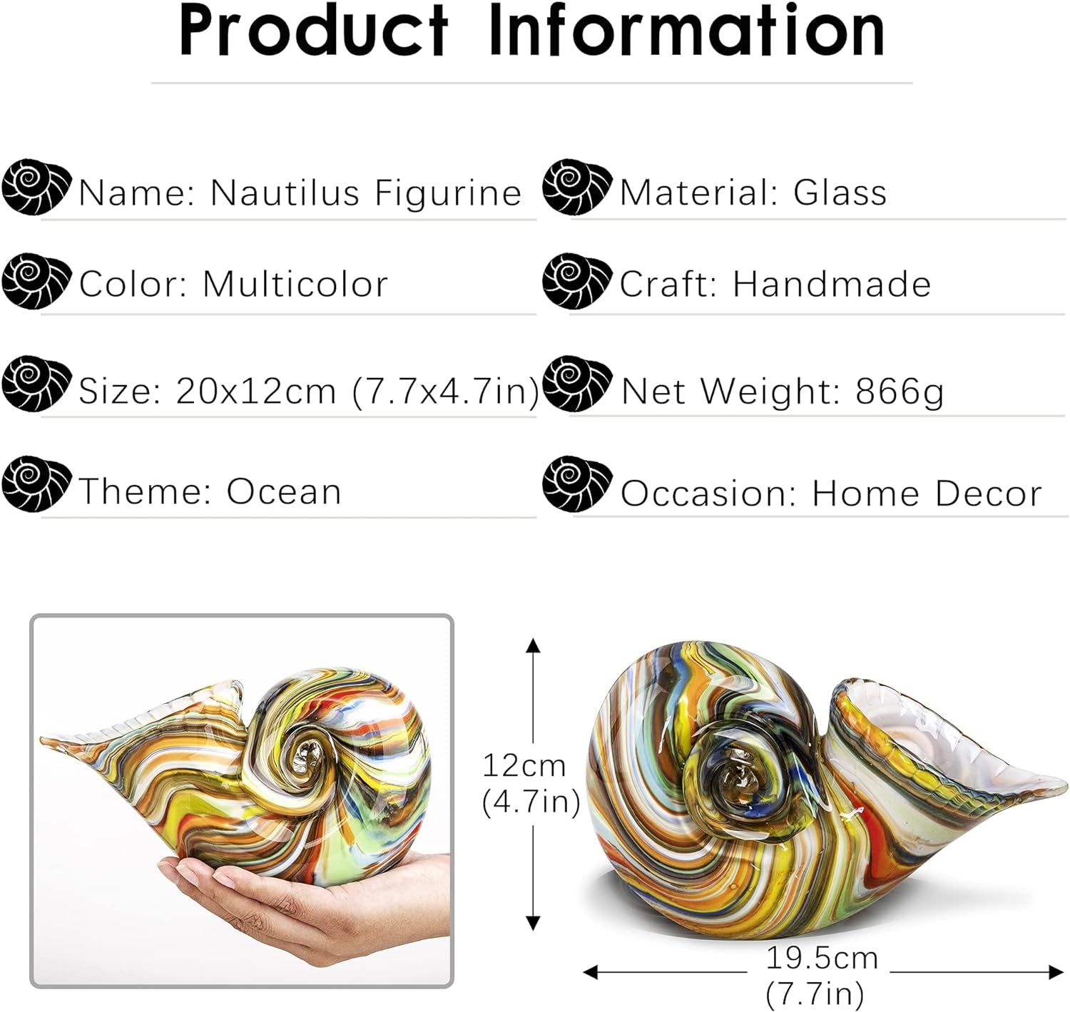 Glass Nautilus Conch, Hand Blown Seashell Art Glass Figurines, Multicolor Glass Sculpture Beautiful Glass Home Decor, Crystal Glass Paperweight