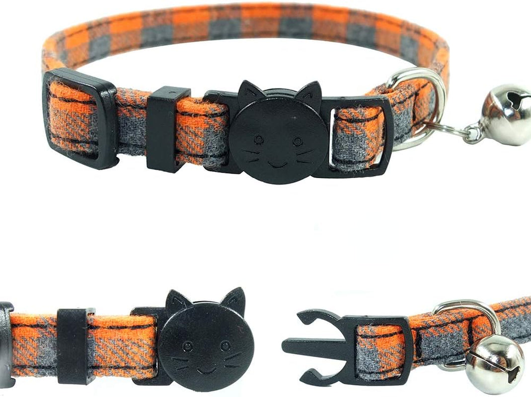 Cat Collar Breakaway with Bell and Bow Tie, Plaid Design Adjustable Safety Kitty Kitten Collars Set of 2 PCS (6.8-10.8In) (Green&Orange Plaid)