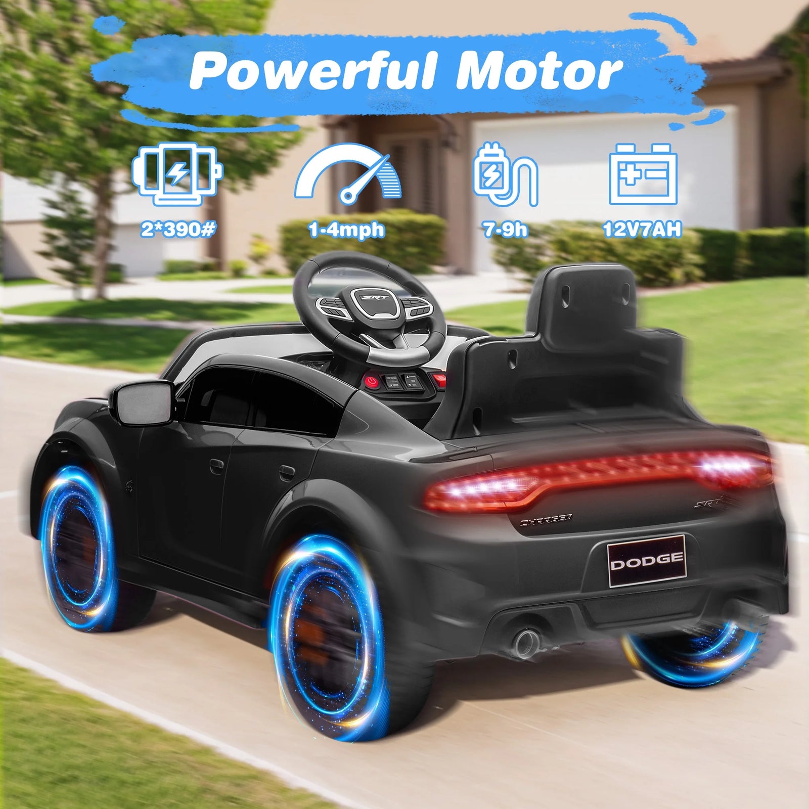 Dodge Electric Ride on Cars for Kids, 12 V Licensed Dodge Charger SRT Powered Ride on Toys Cars with Parent Remote Control, Electric Car for Girls 3-5 W/Music Player/Led Headlights/Safety Belt, Black