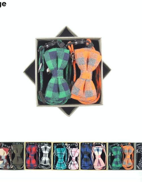 Load image into Gallery viewer, Cat Collar Breakaway with Bell and Bow Tie, Plaid Design Adjustable Safety Kitty Kitten Collars Set of 2 PCS (6.8-10.8In) (Green&amp;Orange Plaid)
