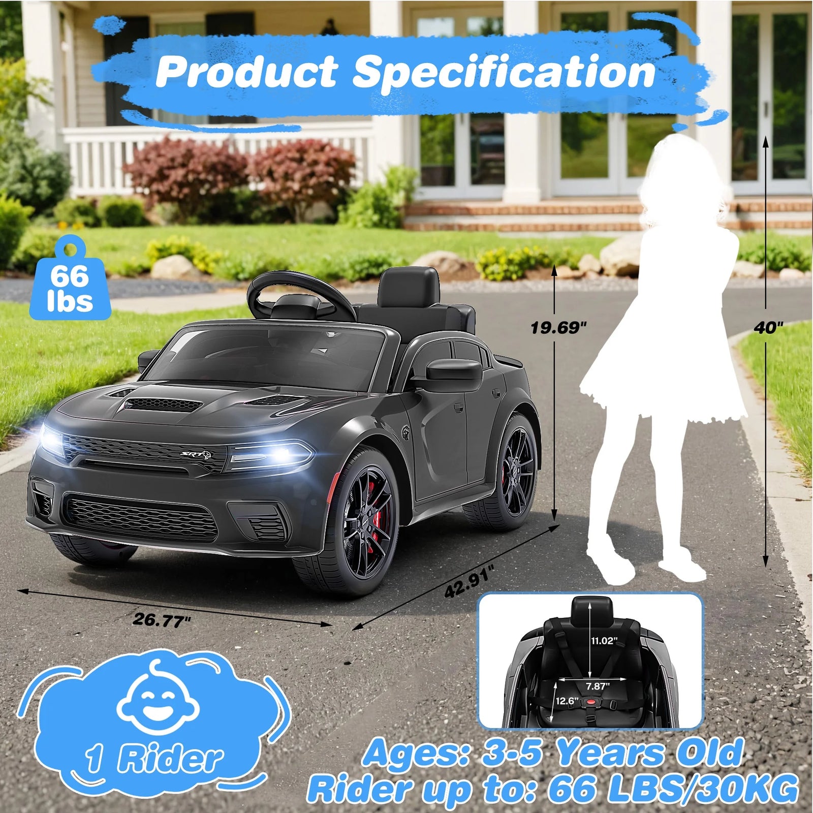 Dodge Electric Ride on Cars for Kids, 12 V Licensed Dodge Charger SRT Powered Ride on Toys Cars with Parent Remote Control, Electric Car for Girls 3-5 W/Music Player/Led Headlights/Safety Belt, Black